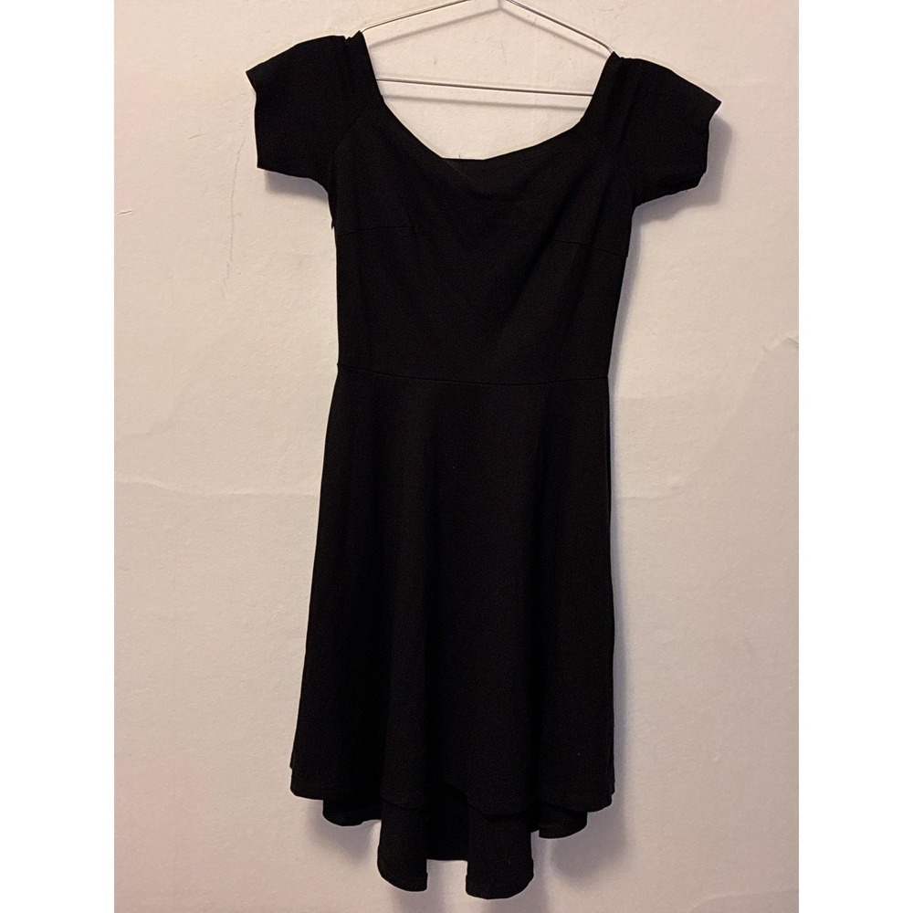 Sarin Mathews Black Off Shoulder Skater Dress High Low Hem Small Cocktail Party